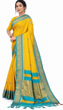 Golden Cyan Soft Cotton Silk Bloom Saree For Women