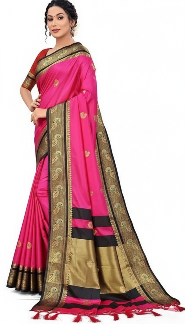Pink & Black Soft Cotton Silk Blush Shadow Dream Saree For Women