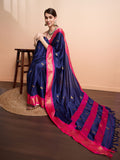 Navy Blue Pink Soft Cotton Silk Ocean Blush Essence Saree For Women
