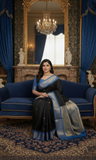 Black And Blue Soft Cotton Silk Mid Night Harmony Saree For Women