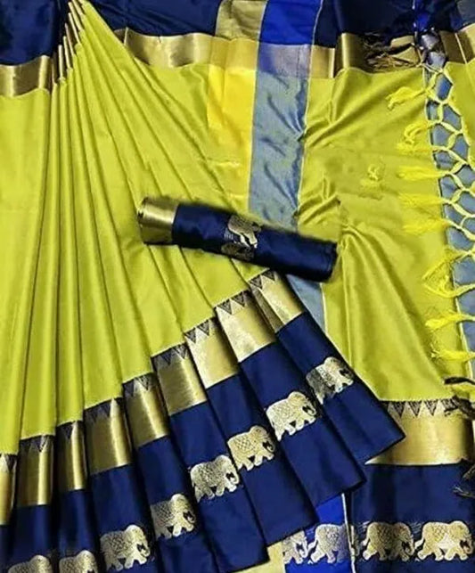 Lemon Green & Blue Soft Cotton Silk Citrus Ocean Harmony Saree For Women