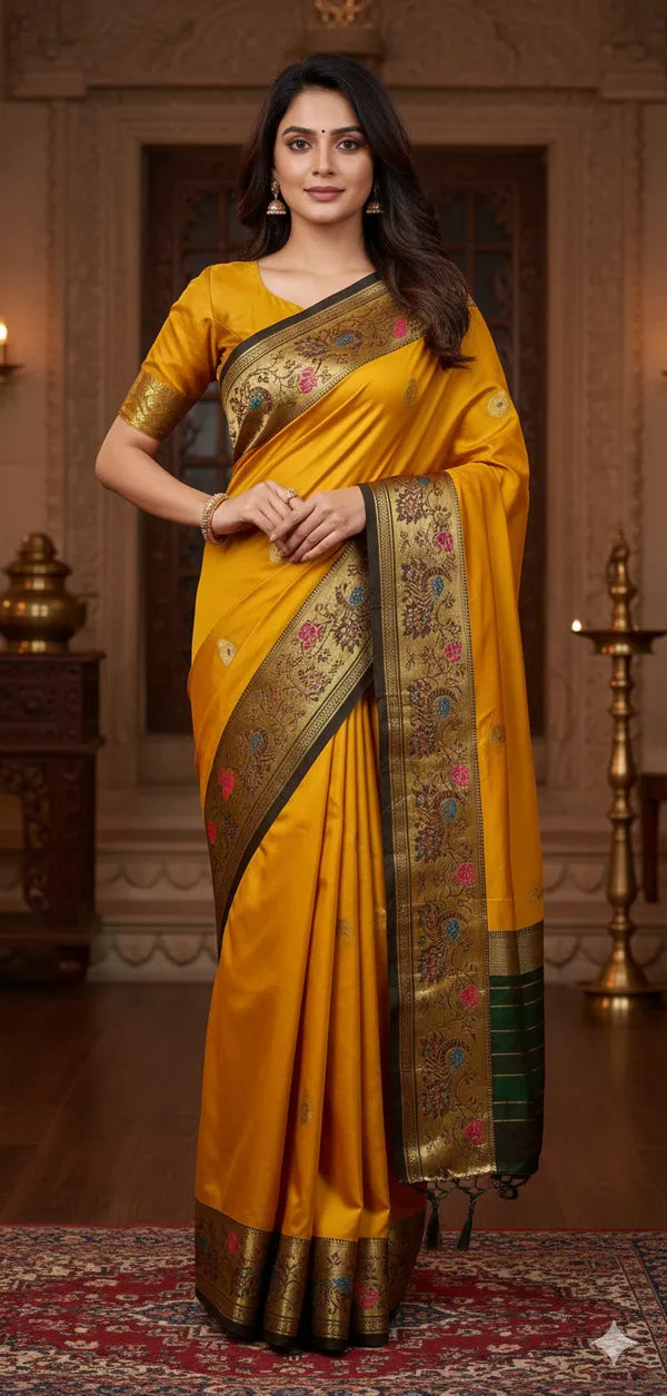 Gold Yellow Black Soft Cotton Silk Amber Night Fusion Saree For Women