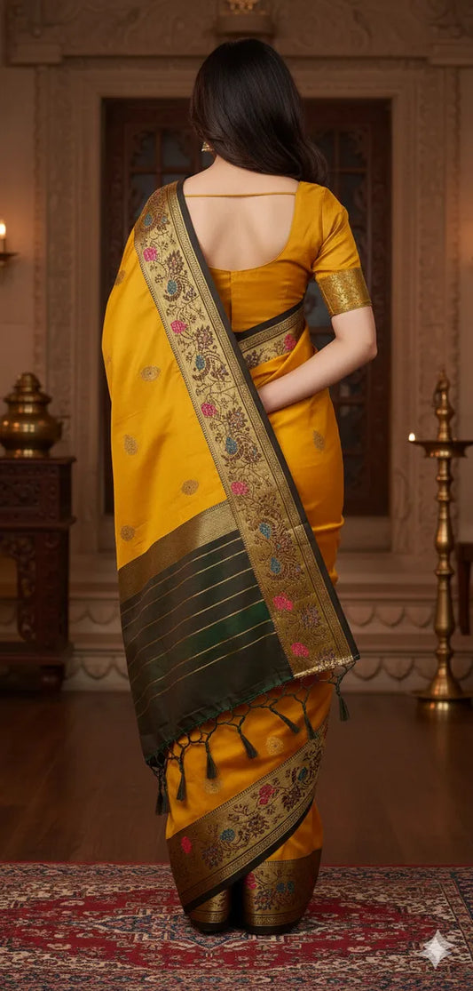 Gold Yellow Black Soft Cotton Silk Amber Night Fusion Saree For Women