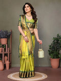 Bright Yellow & Green Soft Cotton Silk Sunlit Meadow Glow Saree For Women
