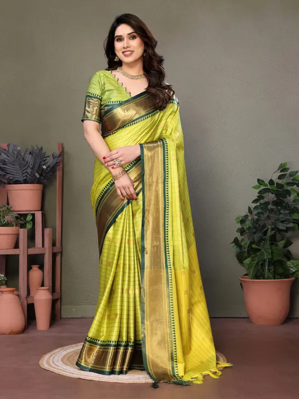 Bright Yellow & Green Soft Cotton Silk Sunlit Meadow Glow Saree For Women