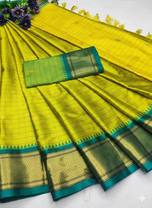 Bright Yellow & Green Soft Cotton Silk Sunlit Meadow Glow Saree For Women