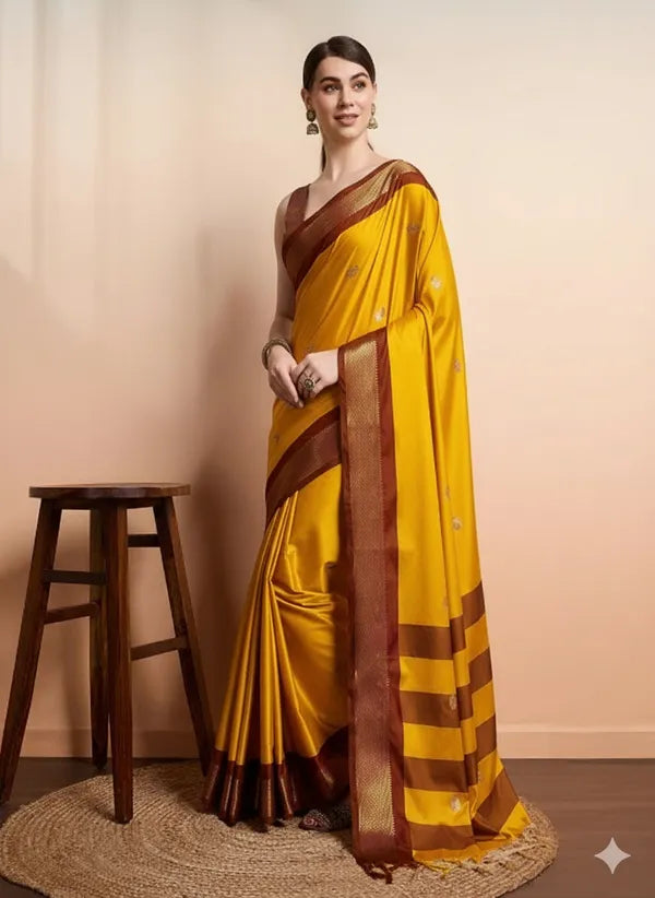 Yellow & Brown Soft Cotton Silk Amber Earth Allure Saree For Women