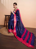 Navy Blue Pink Soft Cotton Silk Ocean Blush Essence Saree For Women