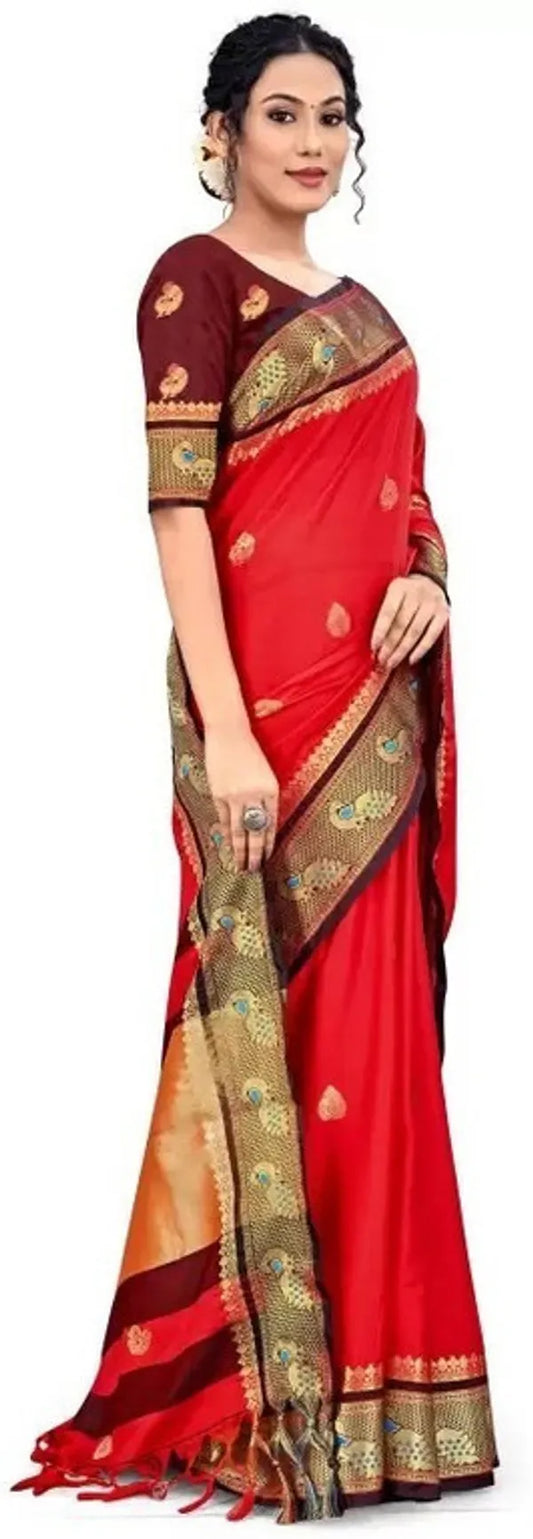 Red Black Soft Cotton Silk Crimson Shadow Charm Saree For Women