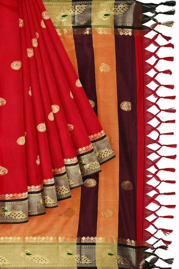 Red Black Soft Cotton Silk Crimson Shadow Charm Saree For Women