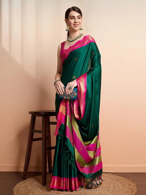 Green Pink Soft Cotton Silk Emerald Rose Touch Saree For Women