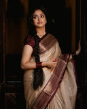 Cream & Brown Soft Cotton Silk Ivory Mocha Dream Saree For Women