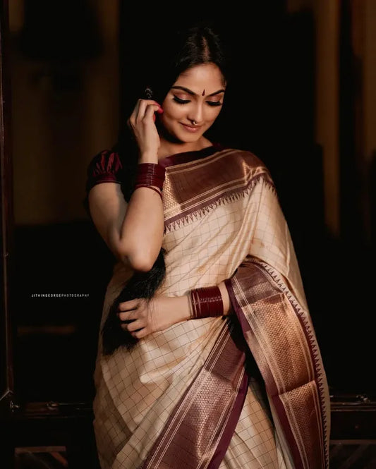 Cream & Brown Soft Cotton Silk Ivory Mocha Dream Saree For Women